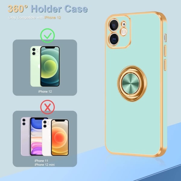 iPhone 12 fodral, iPhone 12 telefonfodral med stativ, [360° roterbar ringhållare magnetiskt stativ], blågrön/guld