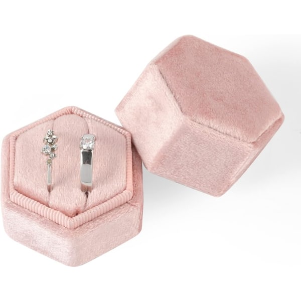 CDQ 1 st Bröllopsring Box, Hexagon Manchester Ring Box 2 Fack Ring Box med avtagbart lock rosa