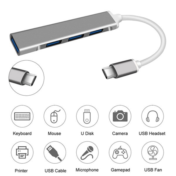 CDQ USB C HUB 3.0 Typ C 3.1 4 Port Multi Splitter Adapter Sølv