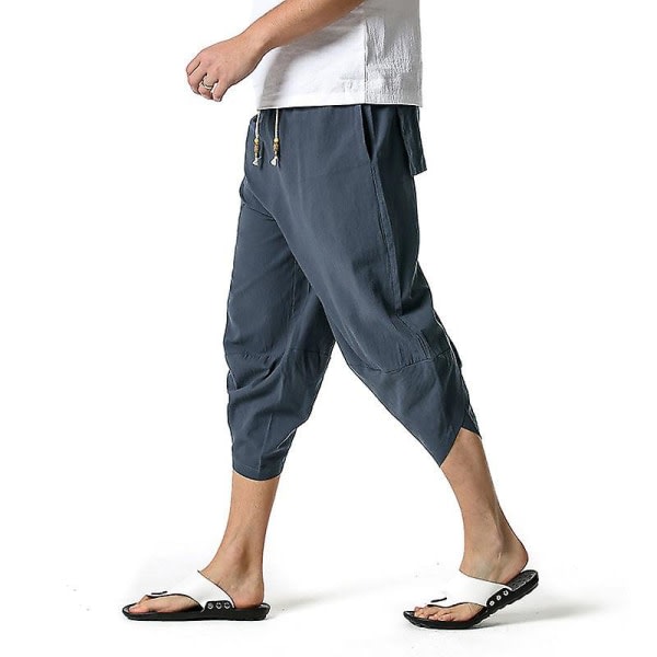 Män 3/4 Linne Shorts Byxor Sommar Casual Capri Lösa Byxor Mörkgrå S zdq