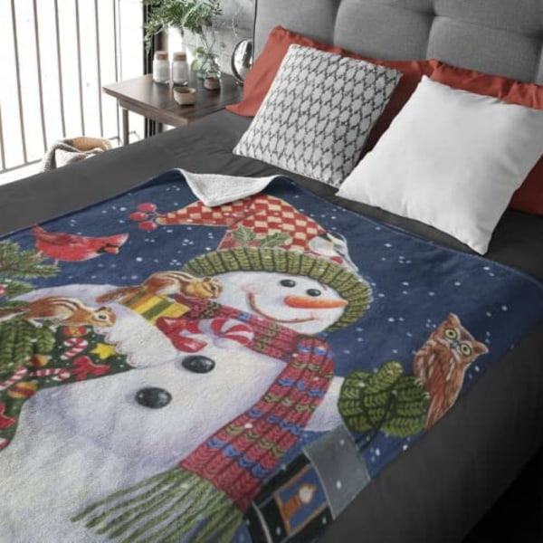 Sengetæppe i fleece med snemand, 50 x 60 tommer (ca. 127 x 152,4 cm) - Superblødt plyssetæppe med snemand til børn og voksne