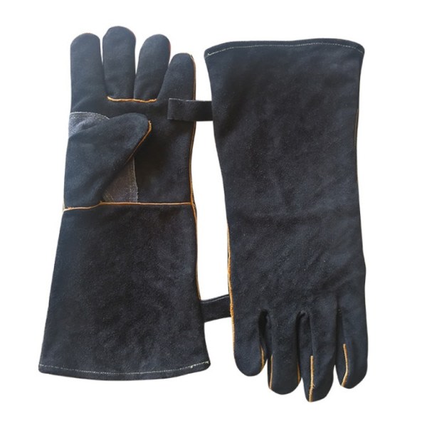 Långa lädersvetshandskar Ugn Mikrovågsugn Matlagning BBQ-handskar Värmeisolering Trädgårdsarbete Anti-Cuting (40 cm helt sort + par grå fæste) CDQ