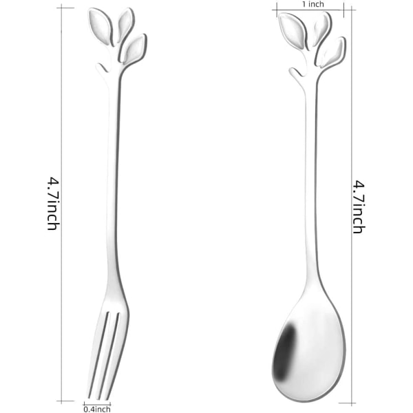 CDQ 8 st 4,7" kaffeskedar og gafflar med små blade (Sølv, 4+4)