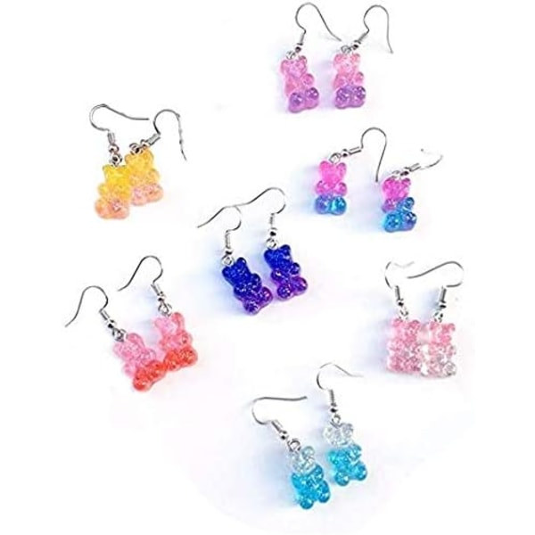 Heyone 8 par set färgglada harts Candy Gummy Bear Dangle örhängen present för kvinnor flickor