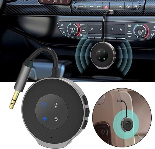 Bluetooth FM-sender for bil 2-i-1 trådløs lydmottakeradapter med CVC-støyreduksjon 3,5 mm AUX for håndfrie samtaler