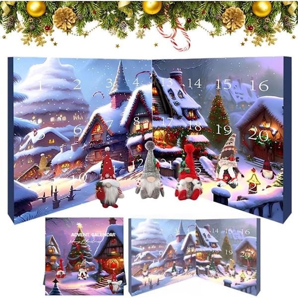2024 Jultomtens Adventskalender, 24-dages Adventskalender med Samleobjekt Jultomte-dukke, Julplysnisseblindeboks (YSJ)