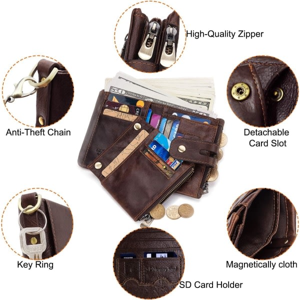 Herrplånbok (kaffe，med färgskillnad) Läder RFID-blokkerende myntväska for män 16 kortplasser Blixtlåsmyntficka med kjede Klassisk myntväska CDQ