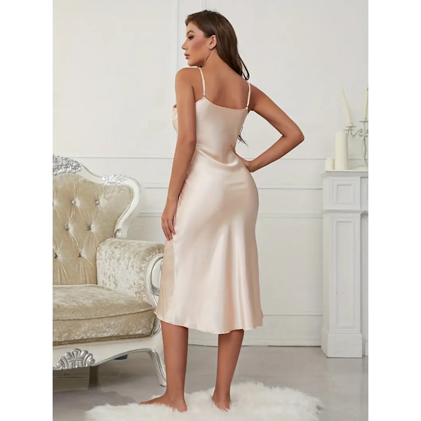 Solid Satin Slip Nattlinne, Elegant V-ringad Rygglös Spaghettirem Nattklänning, Dam Sovkläder & Klänningar Champagne Champagne S