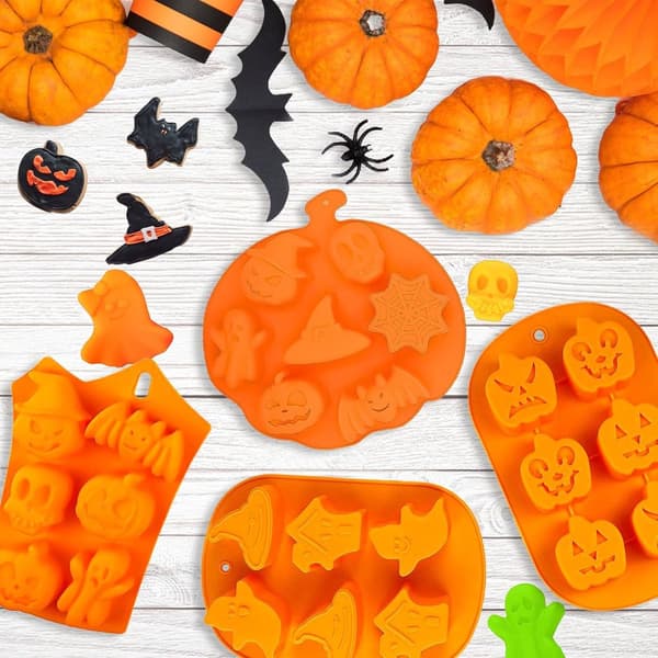 4 Halloween Bageforme - Silikone Chokoladeforme - Græskar/Kranie/Heks/Spøgelse Former - til Slik, Gelé - Orange