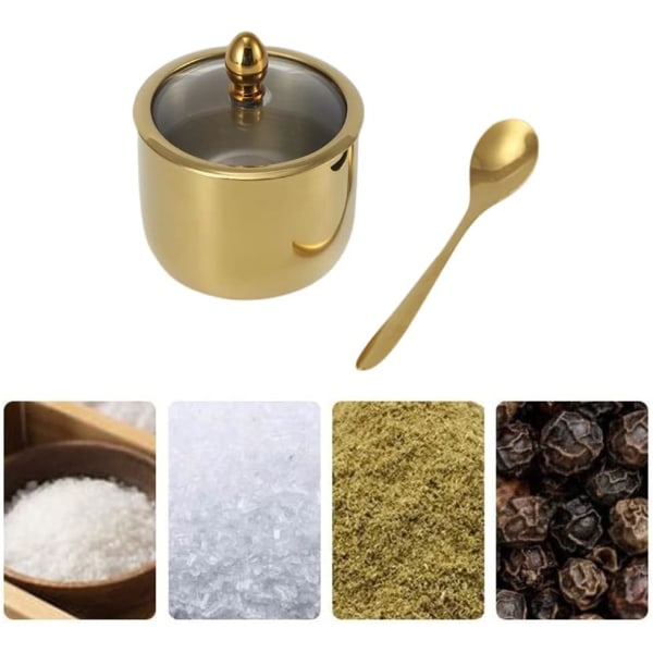 2-delad kryddlåda i rostfritt stål, kryddgryta Kryddshaker Salt Peppar Sockerförvaringsflaska med sked og genomskinligt lock för hem och kök (guld)