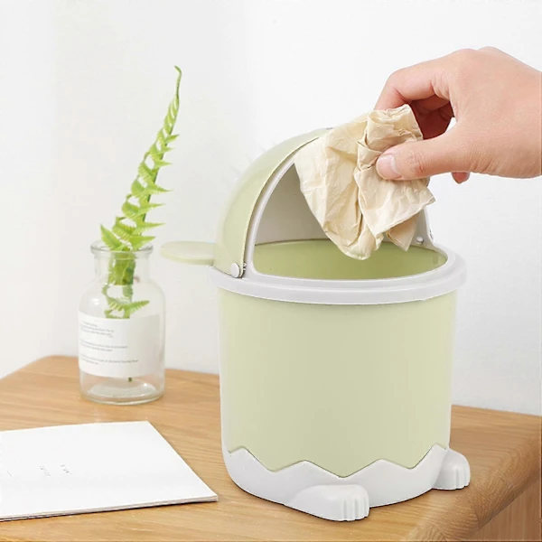 Creative Cute Desktop Trash Can with Lid Small Trash Can Mini Flip Plastic Dustbin Green