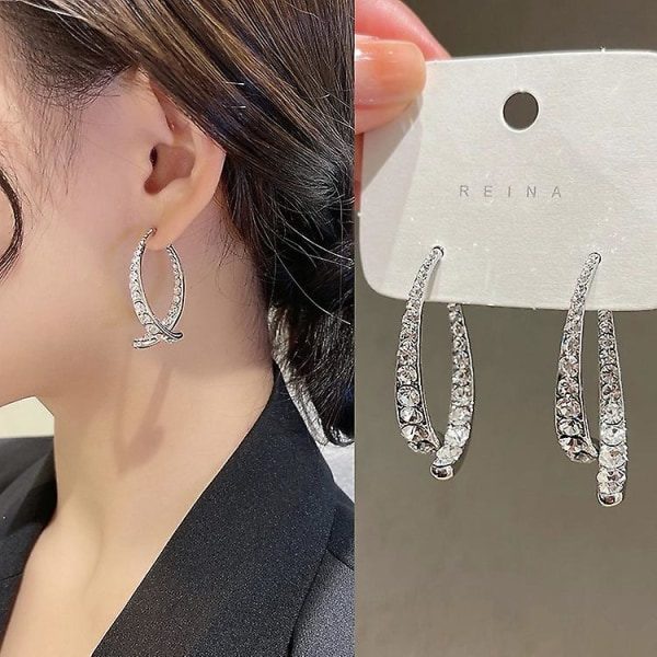 Betterlifefg-kvinnor Korsformade Böjda Örhängen Böjda Stick Fram Bak Linjära Drop Örhängen Rhinestone