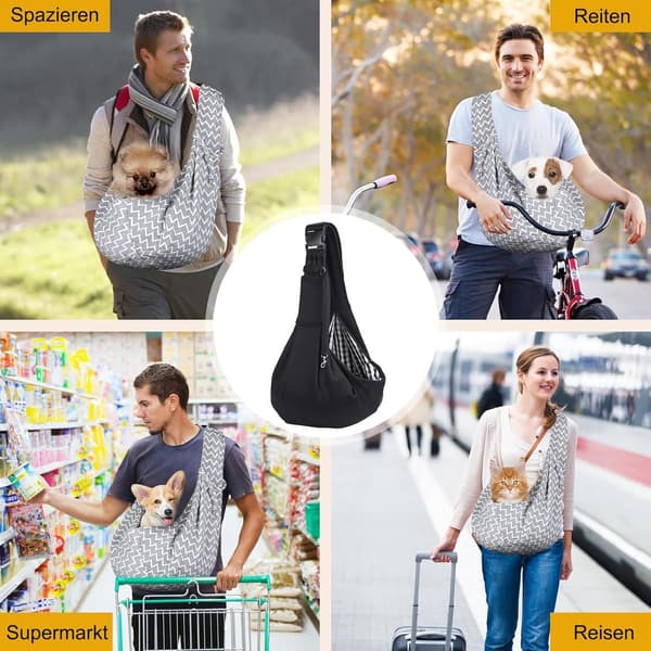 Hundebæresele, vendbar polyester, justerbar rem og frontlomme, til små hunde og katte op til 7,5 kg, grå zigzag