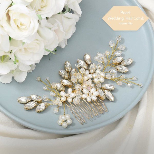 Brud Bröllopshår Kam Pärla Blomma Hårbit Rhinestone Bröllopshårtillbehör för kvinnor HC034 (Y-Gold)
