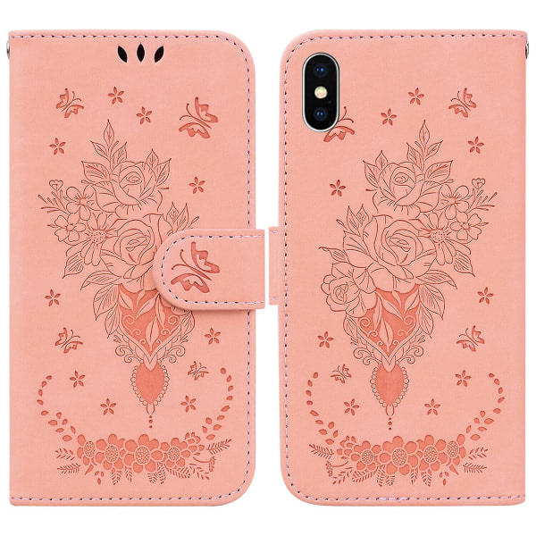 Etui til Iphone X/xs cover Coque Butterfly And Rose Magnetic Wallet Pu Premium Läder Flip Card Holder Telefonetui - Gul Pink
