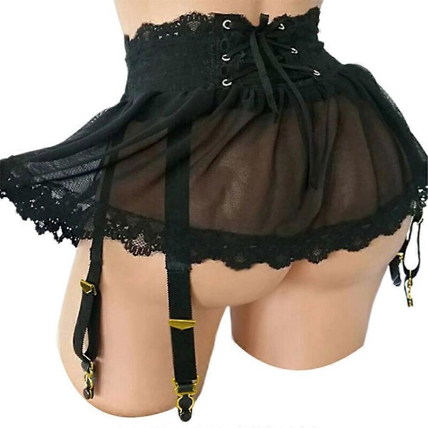Sexy Gjennomsiktig Miniskjørt for Kvinner, Justerbare Stropper, Snøring, Undertøy, Lingerie, Svart Black XL