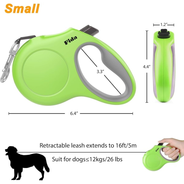 Infällbar hundkoppel med dispenser och bajspåsar, 16 fot koppel för promenader för husdjur, halkskydd, trasselfritt, reflekterande nylon (S, grön)