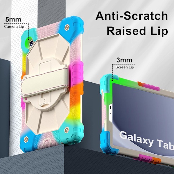 Tablettikotelo lapsille, Samsung Galaxy Tab A8 10,5 tuumaa 2021, 3-in-1 Sateenkaaren värit Iskunkestävä silikonikotelo kynätelineellä, olkahihnalla, käsiremmi