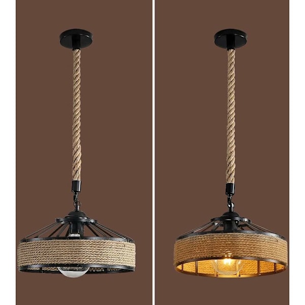 Hamprep Lysekrone, Retro Svart Metall Pendellampe, Landlig Hengende Lysekrone, Industriell Pendellampe E27 Lampe (Eksklusive lyskilde)