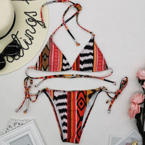 Naisten bikinisetti, jossa sivussa nyöritys, stringit, uimapuku, monivärinen Multicolour L