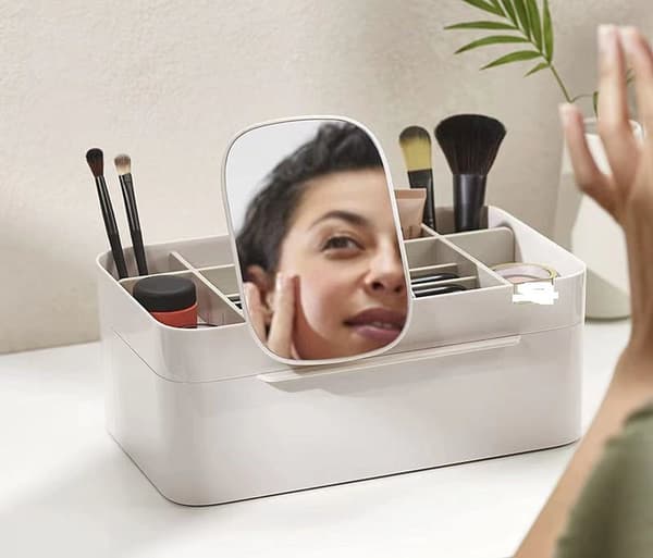 Makeup-organizer med skuffe - spejl - creme - muslingedesign