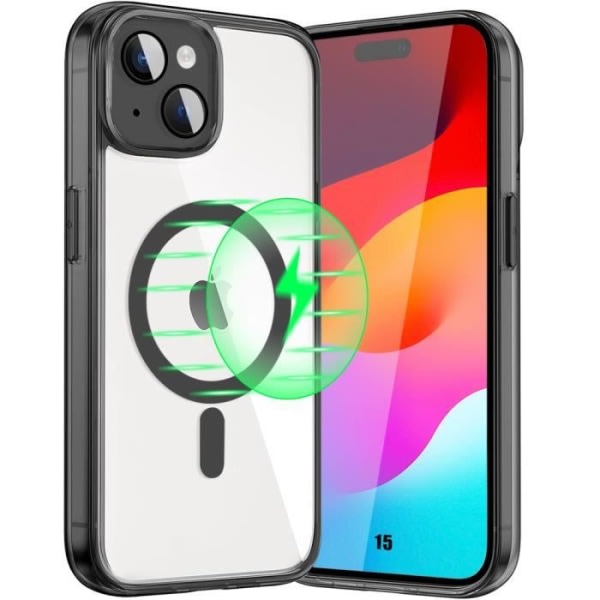 CQBB Fodral för iPhone 15 - Hårt Transparent skydd Svart kontur med magnetisk cirkel och bakre glaslinsskydd