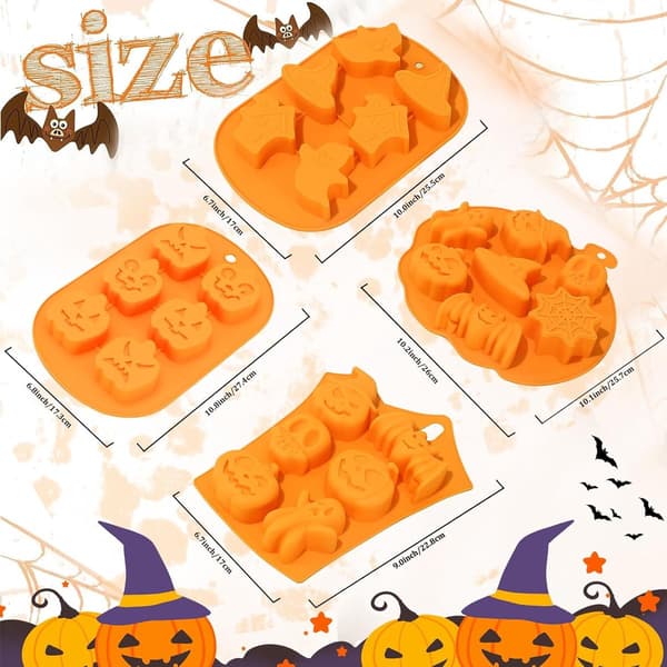 4 Halloween Bageforme - Silikone Chokoladeforme - Græskar/Kranie/Heks/Spøgelse Former - til Slik, Gelé - Orange