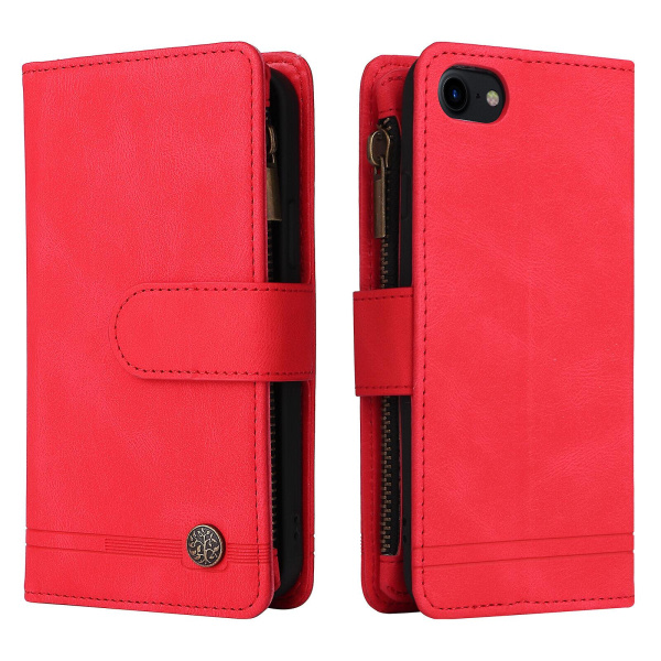 Kotelo iPhone SE 2020/2022 Nahkainen Flip Folio -kotelo, jossa korttipidikkeet, rahakotelo, magneettipainikkeet, kotelotuki, iskunkestävä, punainen A