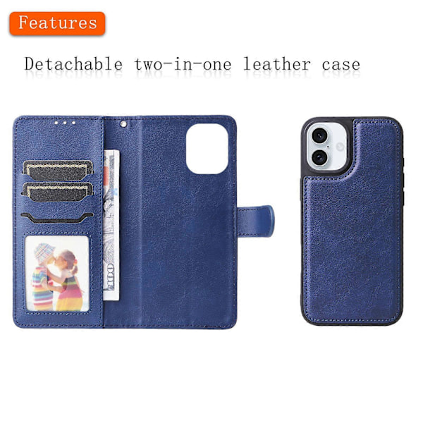 Til iPhone 16 Plus Cover PU Læder 2 i 1 Pung Telefonetui Magnetisk Aftageligt Blue