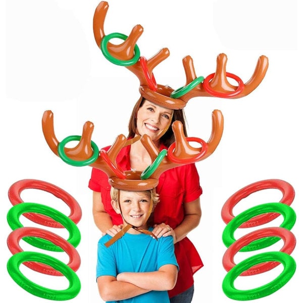 Oppustelige horn, 2 sæt oppustelige ringhorn af rensdyr Kastespil for børn 2 horn og 8 horn ring til jul, Halloween