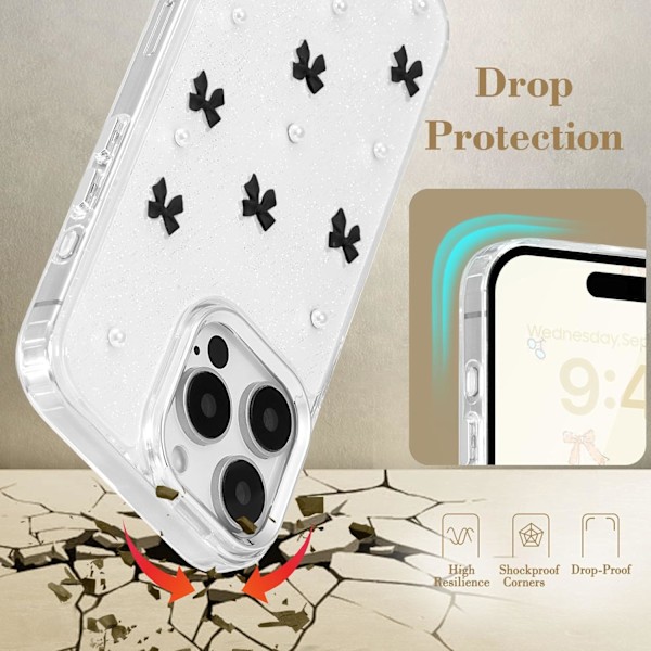 Kuori iPhone 15 Pro Maxille, Bling Glitter 3D Rusetti Puhelinkuori Söpö Kimalteleva Kristallinkirkas Rusetti Ohut Pehmeä Kestävä Suojakotelo Musta Black iPhone 15 Pro Max