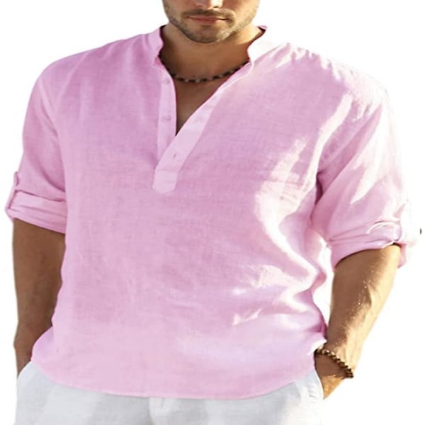 Långärmad linneskjorta herr, casual i bomull och linne, S-5xl topp, Ny design ilmainen frakt_p Pink XL zdq
