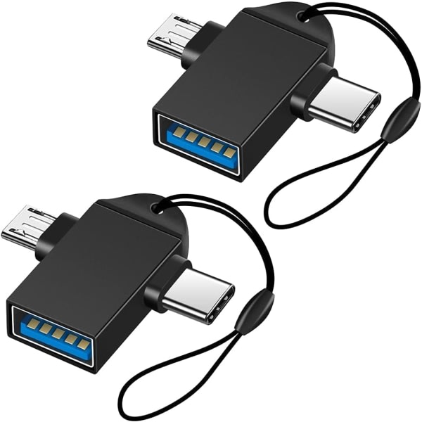 CDQ 2-i-1 Micro USB/USB-C till USB 3.0-adapter med linne (2-pack), Seminer USB C till USB adapter, Micro till USB -omvandlare A-adapter, svart