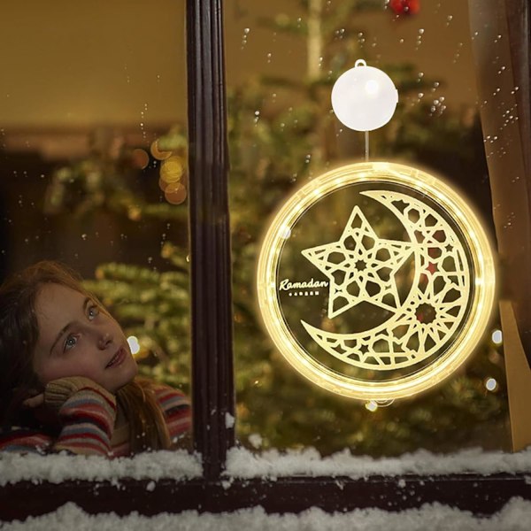 LED Muslimske Ramadan Lys Kæde (25cm) - Dekorative Hængende Lys med Sugekop til Festligheder Stars and moon