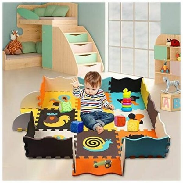Puslespill Baby Skummatte med Gjerde, 25 Stykker Tykk Lekematte for Barn, Tall (Dyr)