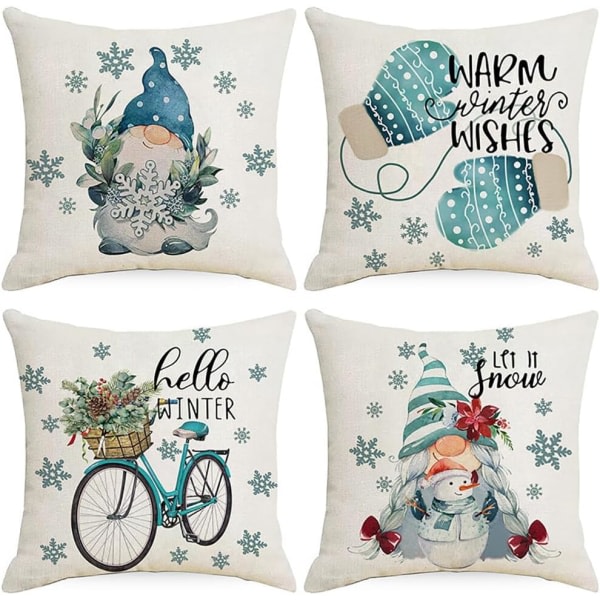 4 STK Glædelig Jul pudebetræk Julemand gaver Xmas træ firkantede pudebetræk Linned lynlås etui (18x18 tommer)