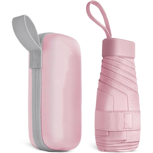 Reiseparaply, 6 Ribber Mini Paraply Liten UV-Paraply, Sammenleggbar Solparaply Vindtett Regnbeskyttelse med Kapselveske, Sammenleggbar Bærbar Lommeparaply Pink