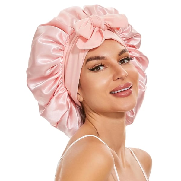 Satiinimyssy Silkkimyssy nukkumiseen Kaksikerroksinen satiinivuorattu hiusmyssy nauhoilla Bonnet naisille Luonnollisesti kiharat hiukset naken rosa