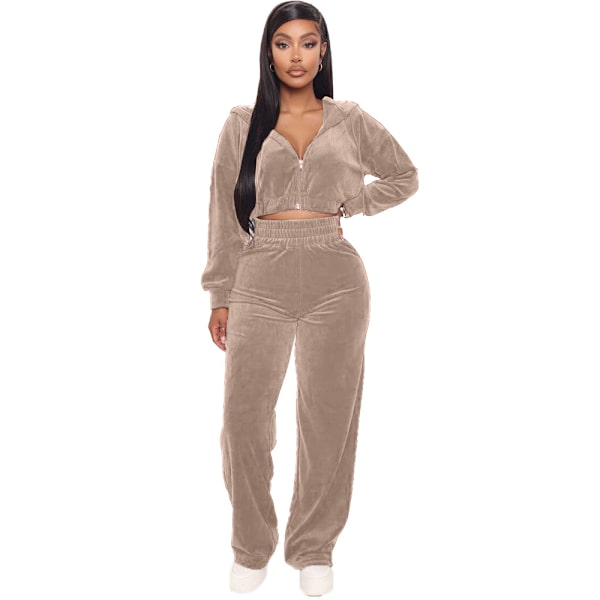 Höst/vinter dam tvådelad enfärgad plysch dragkedja huva elastisk midja byxor casual varm set beige L