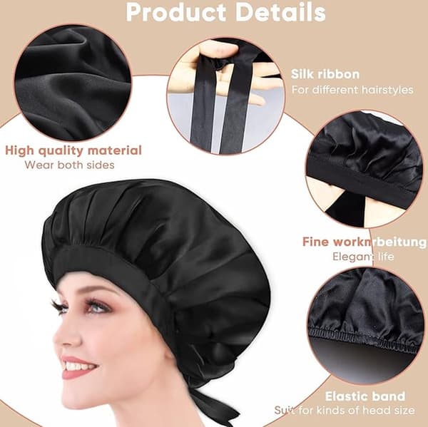 Natkappe - Hårnet - Satin Natkappe - Satin - Hårpleje - Satin - Elastisk - Justerbar - Kvinder - Sort