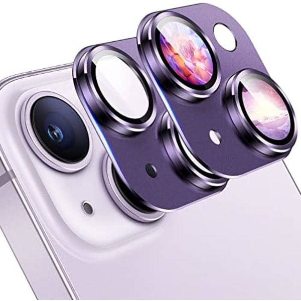 TAURI 2-pack for iPhone 14 /iPhone 14 Plus kameralinsskydd, [stark vidhäftning] [Retålig] Aluminiumlegering &amp; Safiglas violetti
