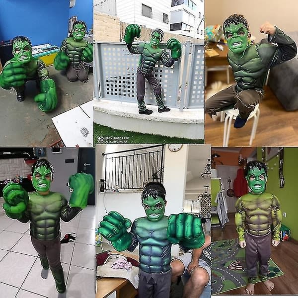 2023 Barn Grön Giant Hero Muscle Halloween Kostymer Fancy Pojkar Superhjältar Karneval Cosplay Kläder Mask Barn Julklappar kostymer-handskar-mask M