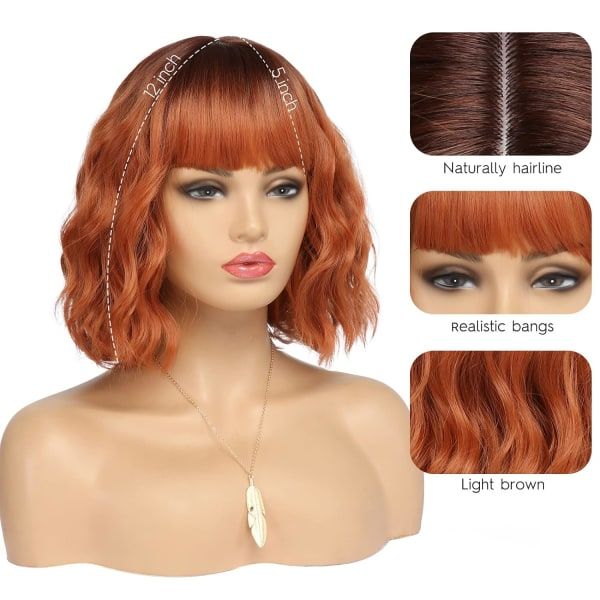 Kort kobberrød parykk for kvinner Fox Red Wig Ombre Red Dark Root Culy Bob parykk med lugg Ingefærhår Parykk Bølgete syntetiske parykker (12 tommer)