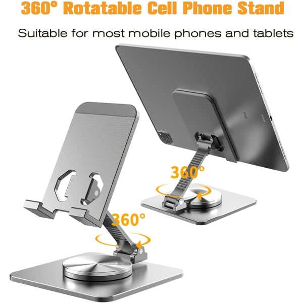 360° roterbar telefonholdere, hopfällbar og justerbar telefonholdere i aluminium og metal, kompatibel med iPhone 14(Svart)