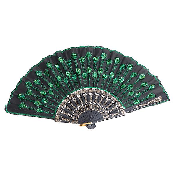 Vackra mönster stil kvinnor Lady's Silk Hand Fan Folding Fläkt med gröna paljetter