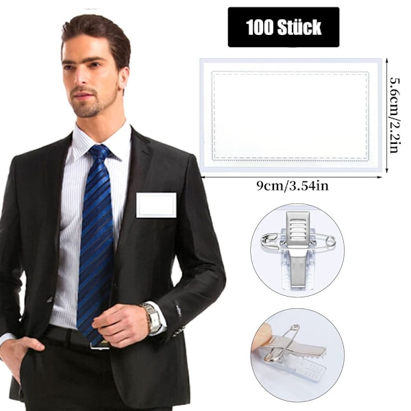 Pakke med 100 Navneskilte 90 x 56mm Transparent Navneskilt til