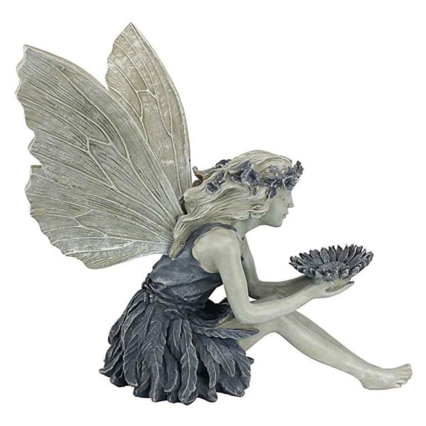 Sittande Fe-trädgårdsstaty Figur Ängel Ornament Patio Skulptur Resin Sten Landskapsarkitektur 14.8*8*14cm