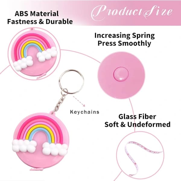 Rainbow Shaped Retractable Tape Measure + Strawberry Bear with Keychain 4-pack