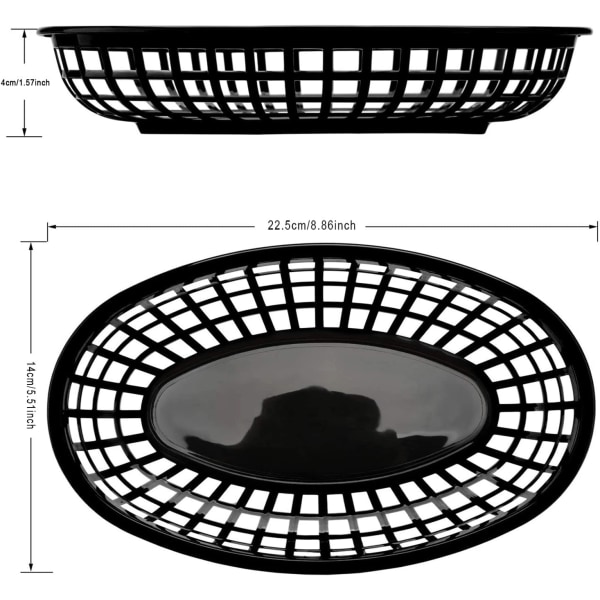 CDQ Pakke med 6 gjenbrukbare ovale plastserveringer for pommes frites, løkringer, fruktfest (rød og svart)