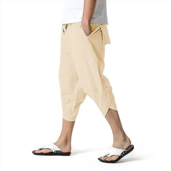 Mænd 3/4 Linned Shorts Bukser Sommer Casual Capri Løse Bukser Khaki M zdq